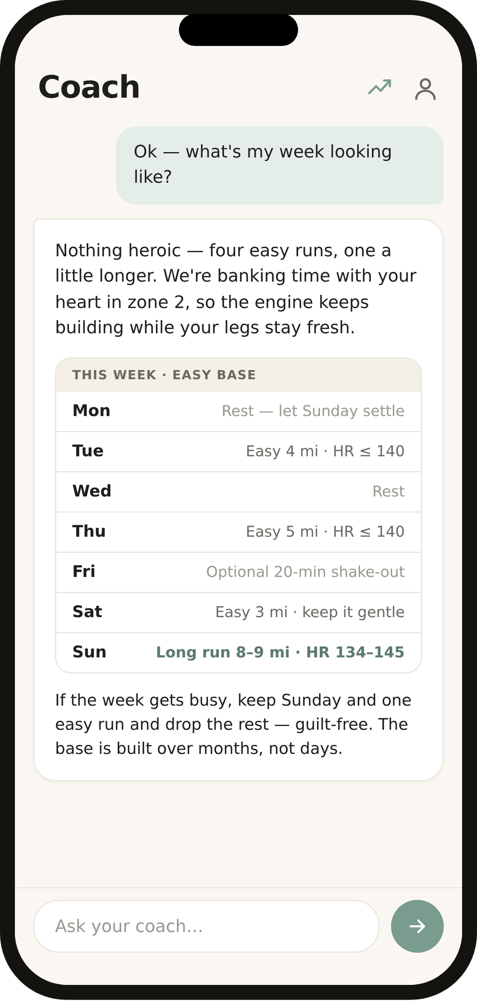 A runner asks their coach about the week ahead and receives an example flexible weekly aerobic training plan.
